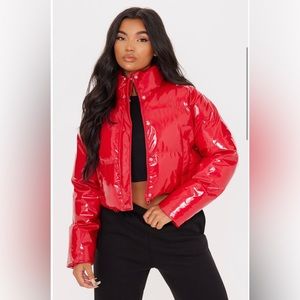 PrettyLittleThing Red Vinyl Bubble Puffer Jacket / Size 6 Medium / Red